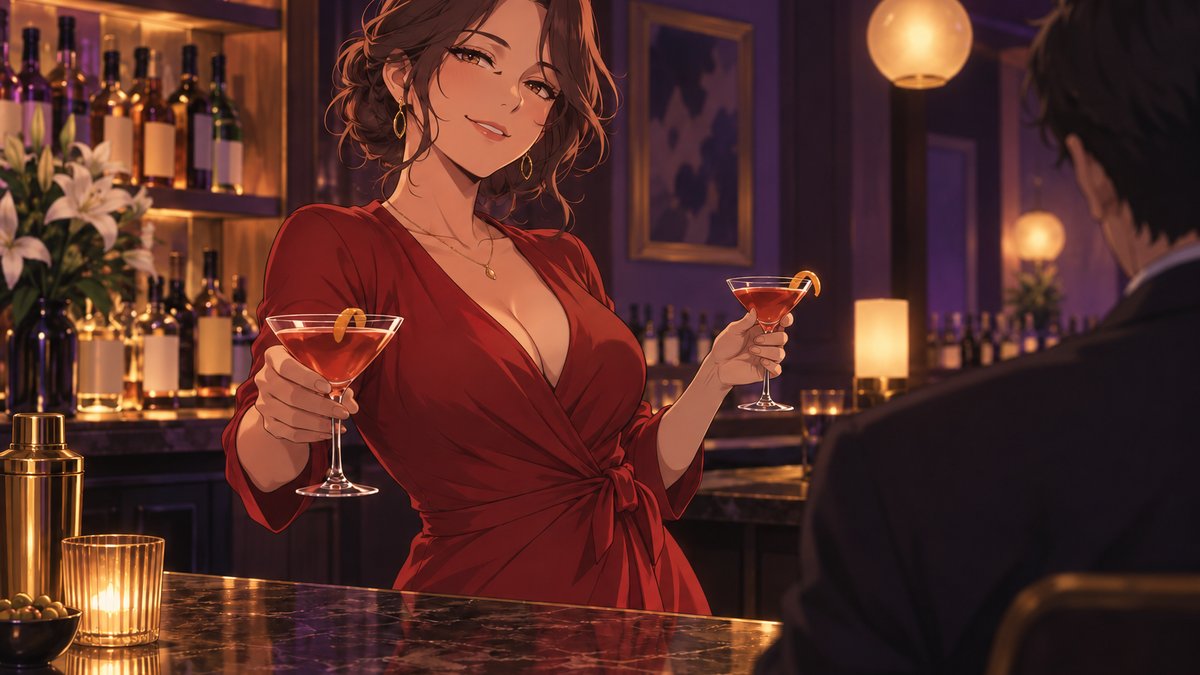バーのカウンターでカクテルを持つ女性のイラスト