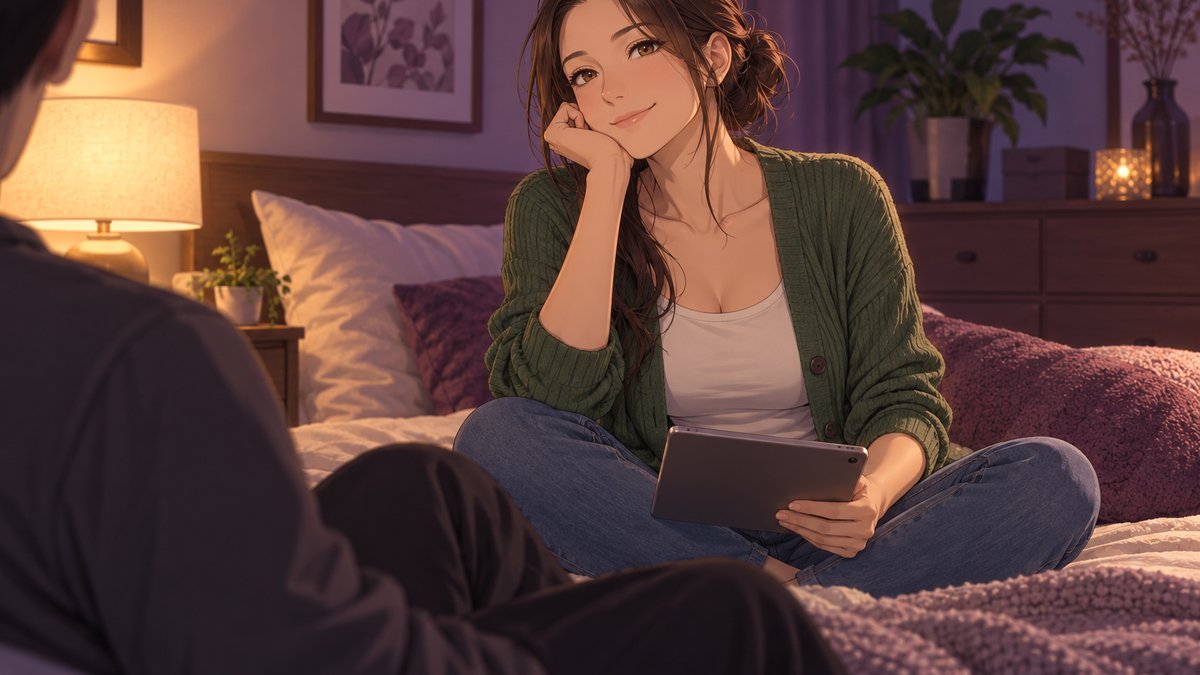 ベッドに座りタブレットを伏せて持つ女性のイラスト