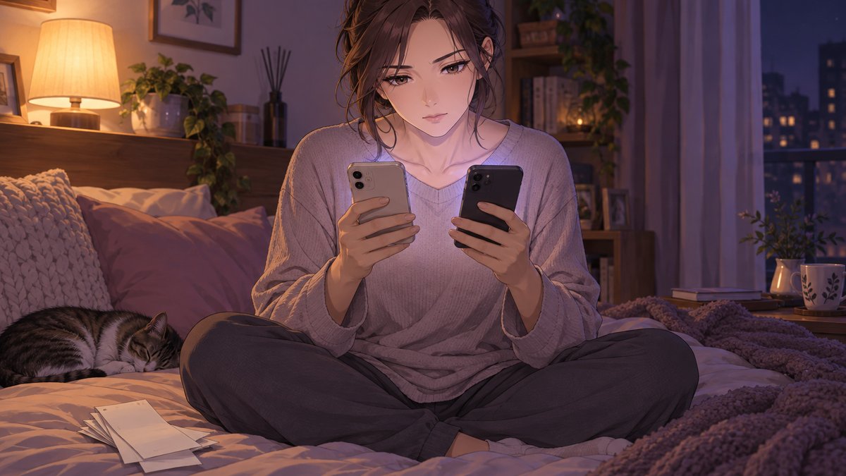 夜、ベッドの上で2台のスマートフォンを見比べる女性のイラスト