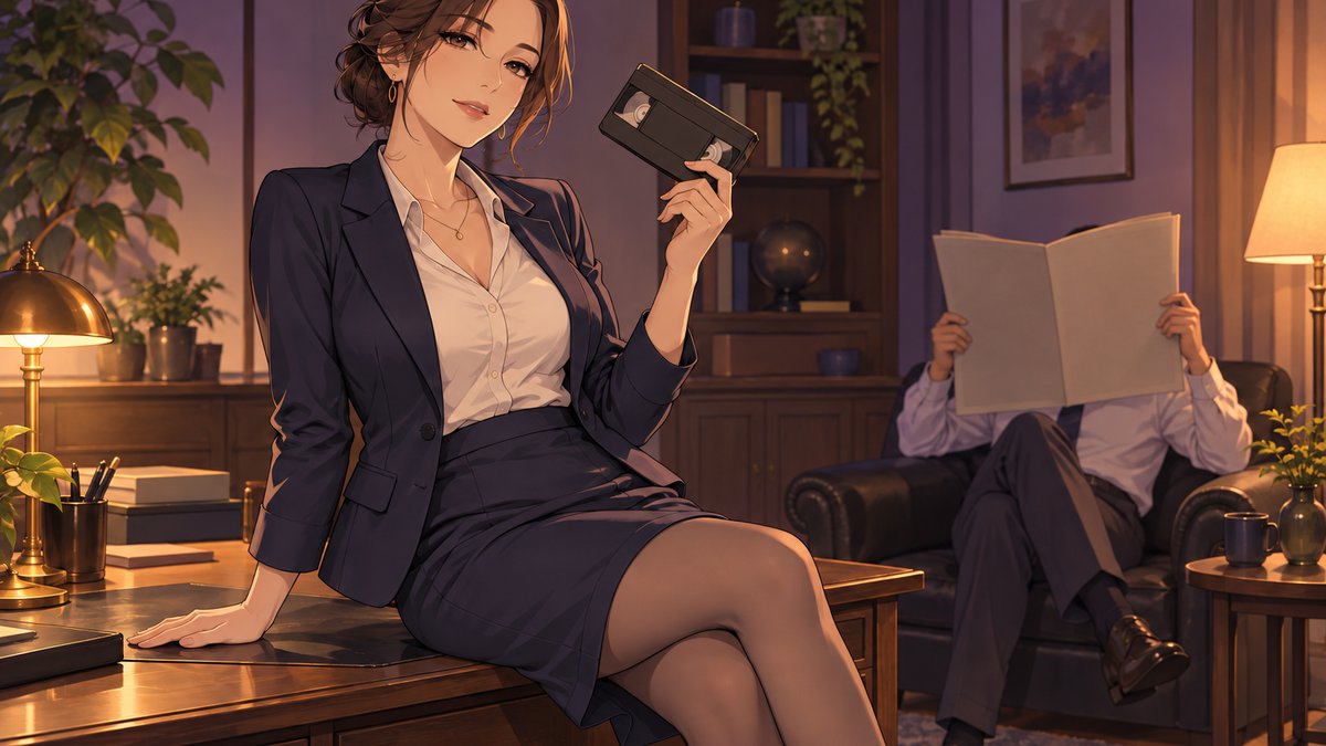 古いビデオテープを手に机に腰掛ける女性のイラスト