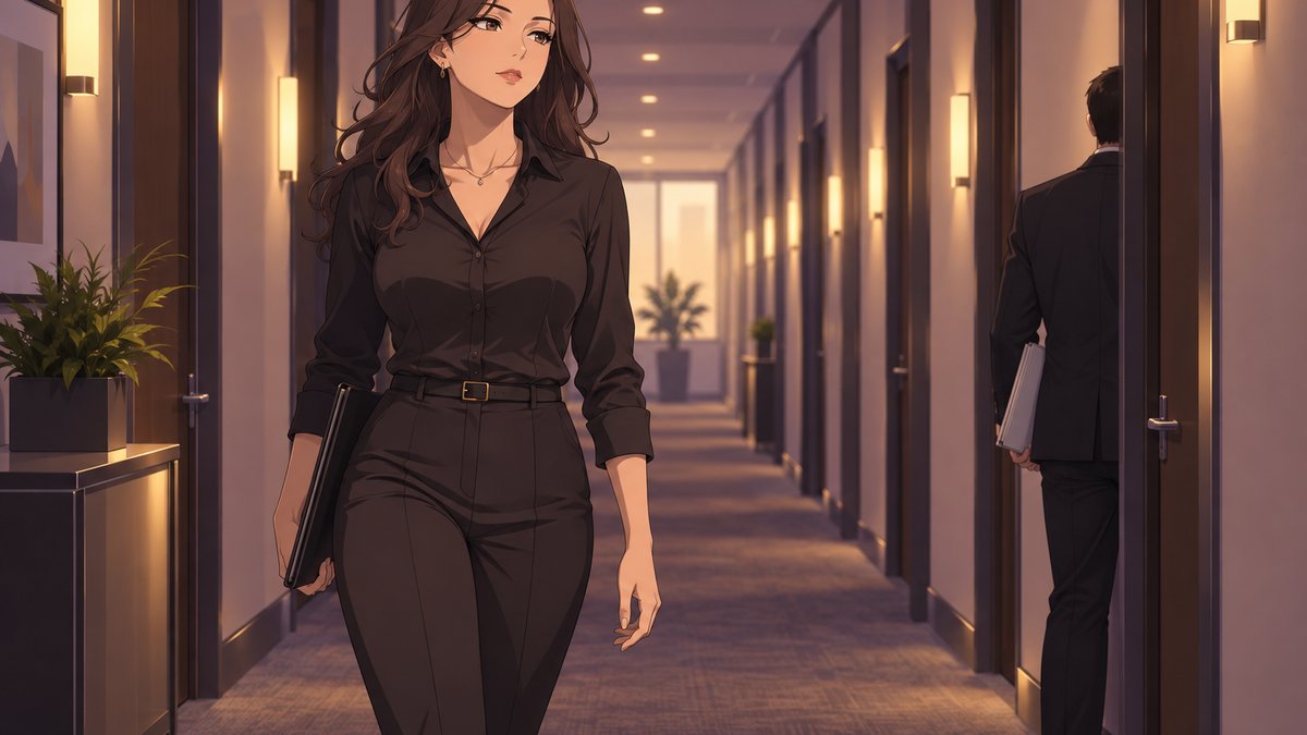 廊下を自信ありげに歩く女性のイラスト
