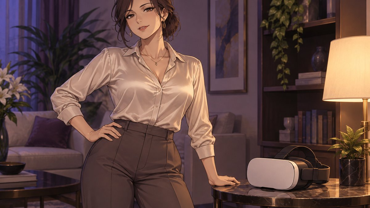 VRヘッドセットの横に立つ女性のイラスト